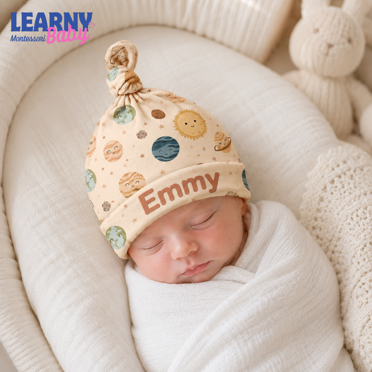 Personalized Space Bamboo Baby Knotted Hat, Custom Name Planet Newborn Beanie, Celestial Baby Boy Girl Hat