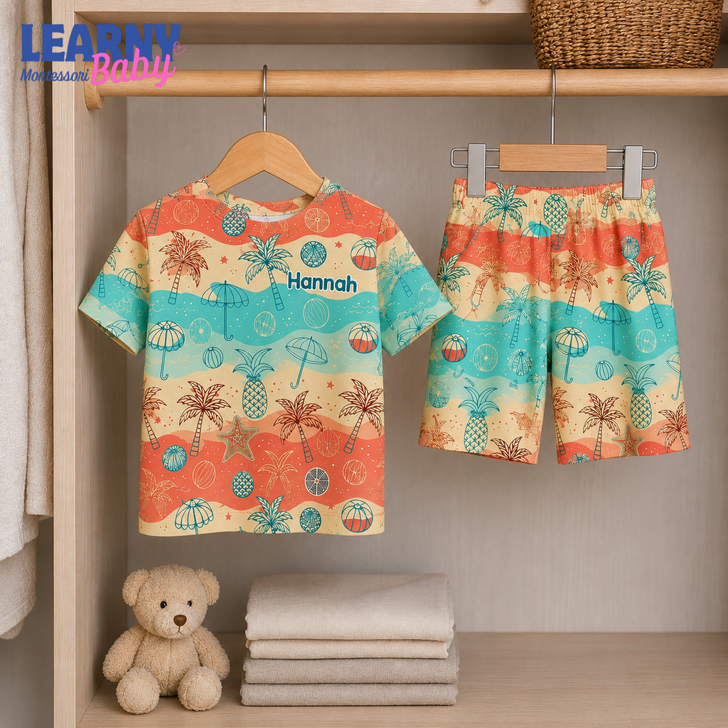 Personalized Tropical Bamboo Pajamas for Kids, Custom Name Palm Tree Pineapple Beach Long Sleeve Sleepwear Set