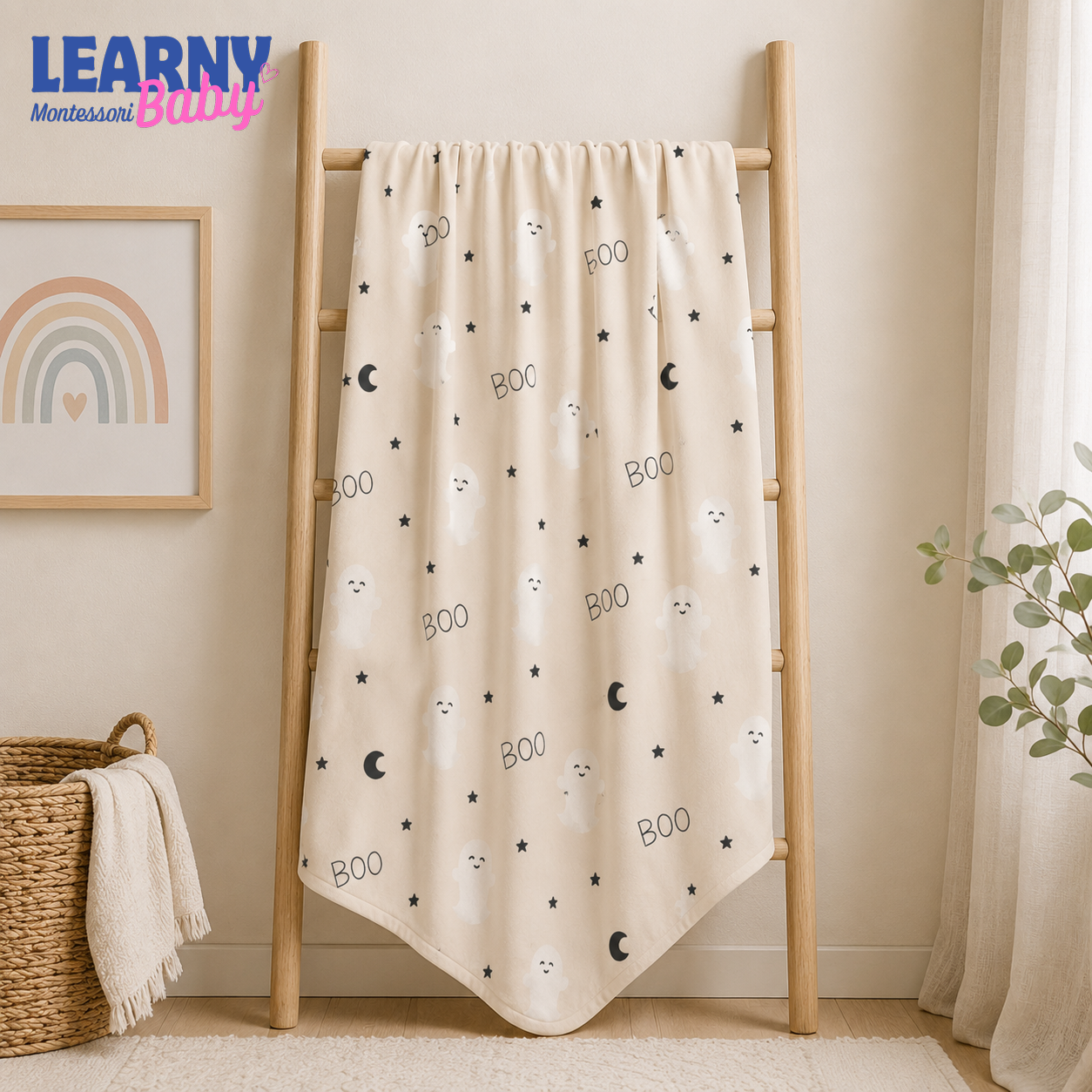 Minimalist Ghost Bamboo Baby Blanket, Neutral Boo Moon and Stars Halloween Nursery Throw, Baby Shower Gift