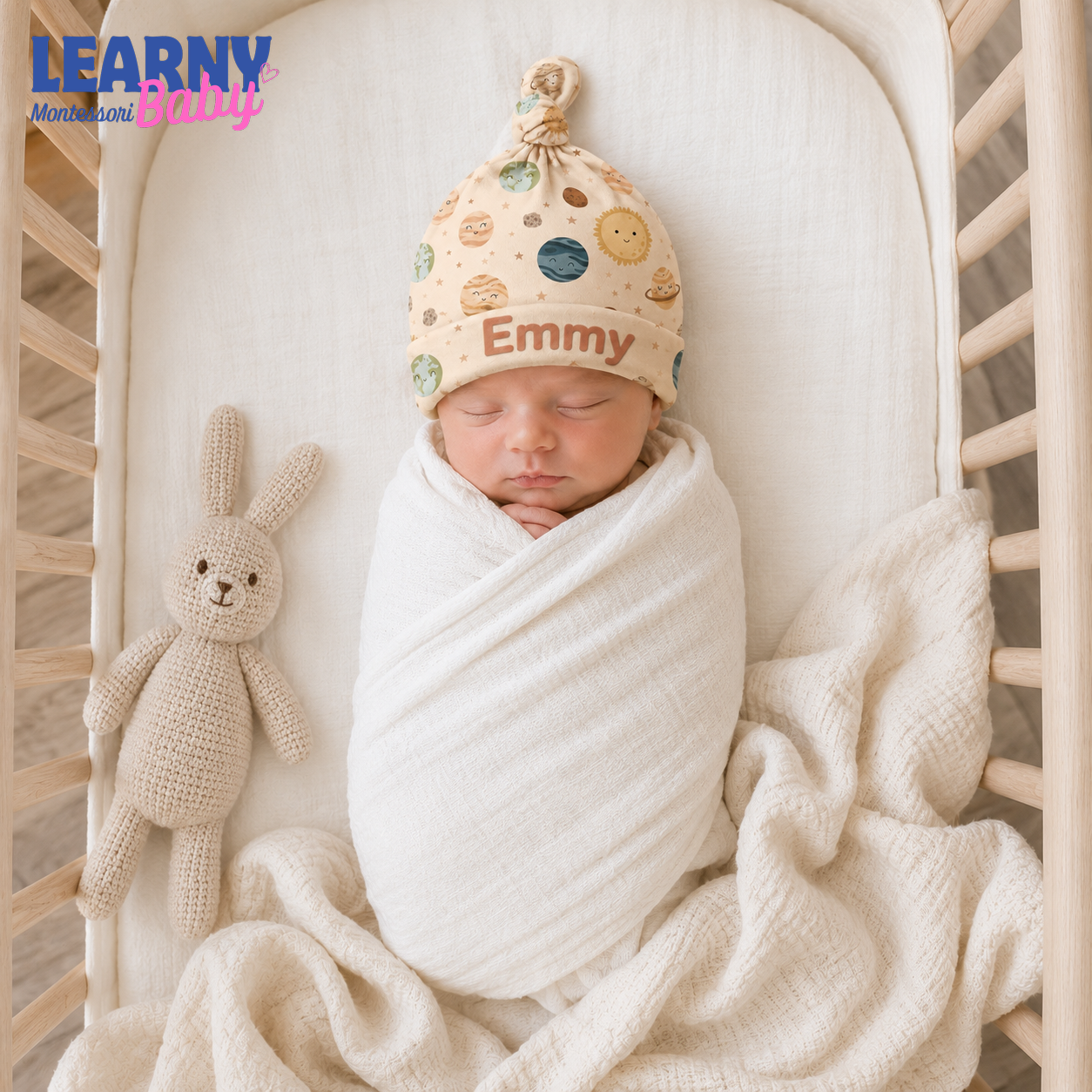 Personalized Space Bamboo Baby Knotted Hat, Custom Name Planet Newborn Beanie, Celestial Baby Boy Girl Hat