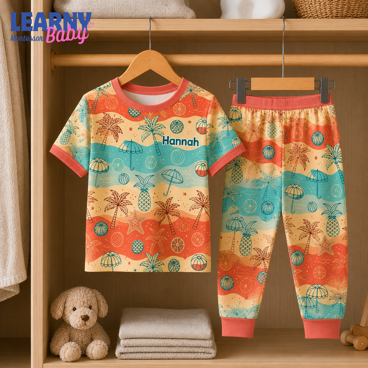 Personalized Tropical Bamboo Pajamas for Kids, Custom Name Palm Tree Pineapple Beach Long Sleeve Sleepwear Set