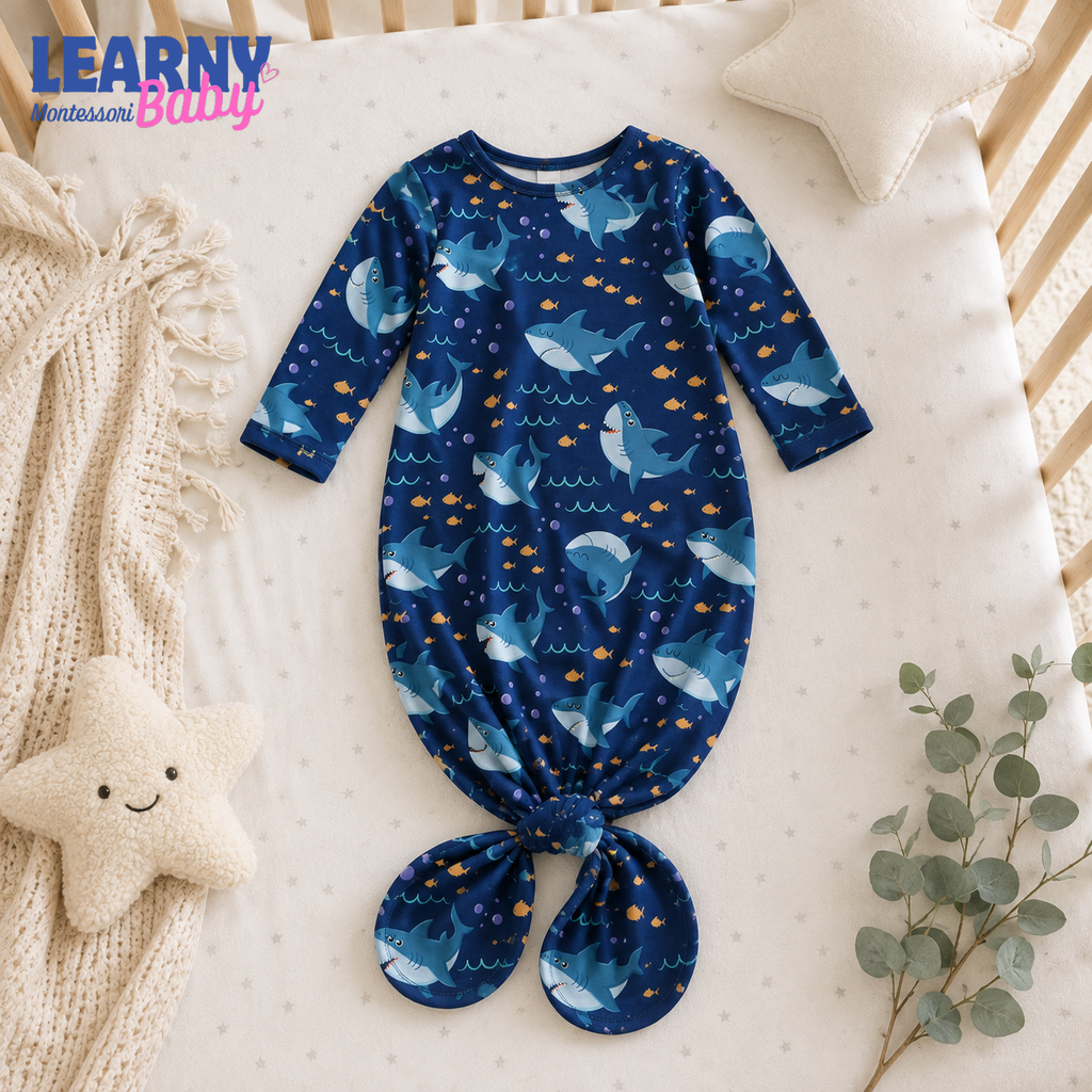 Newborn Baby Knotted Gown, Navy Blue Shark Bamboo Sleeper, Ocean Baby Boy Outfit