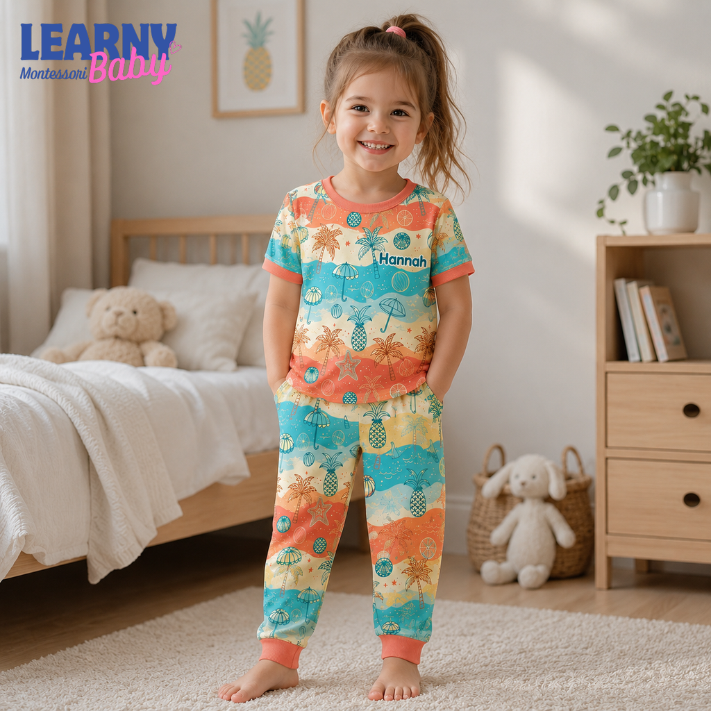 Personalized Tropical Bamboo Pajamas for Kids, Custom Name Palm Tree Pineapple Beach Long Sleeve Sleepwear Set