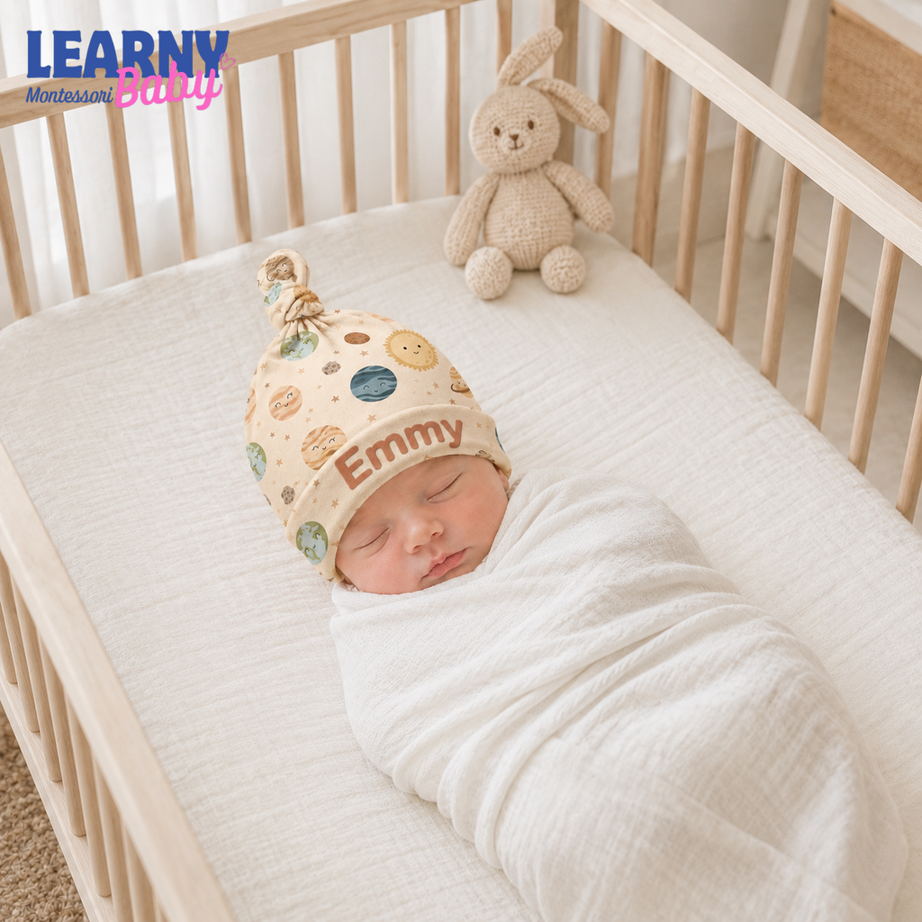 Personalized Space Bamboo Baby Knotted Hat, Custom Name Planet Newborn Beanie, Celestial Baby Boy Girl Hat