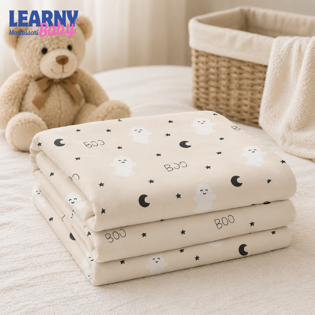 Minimalist Ghost Bamboo Baby Blanket, Neutral Boo Moon and Stars Halloween Nursery Throw, Baby Shower Gift