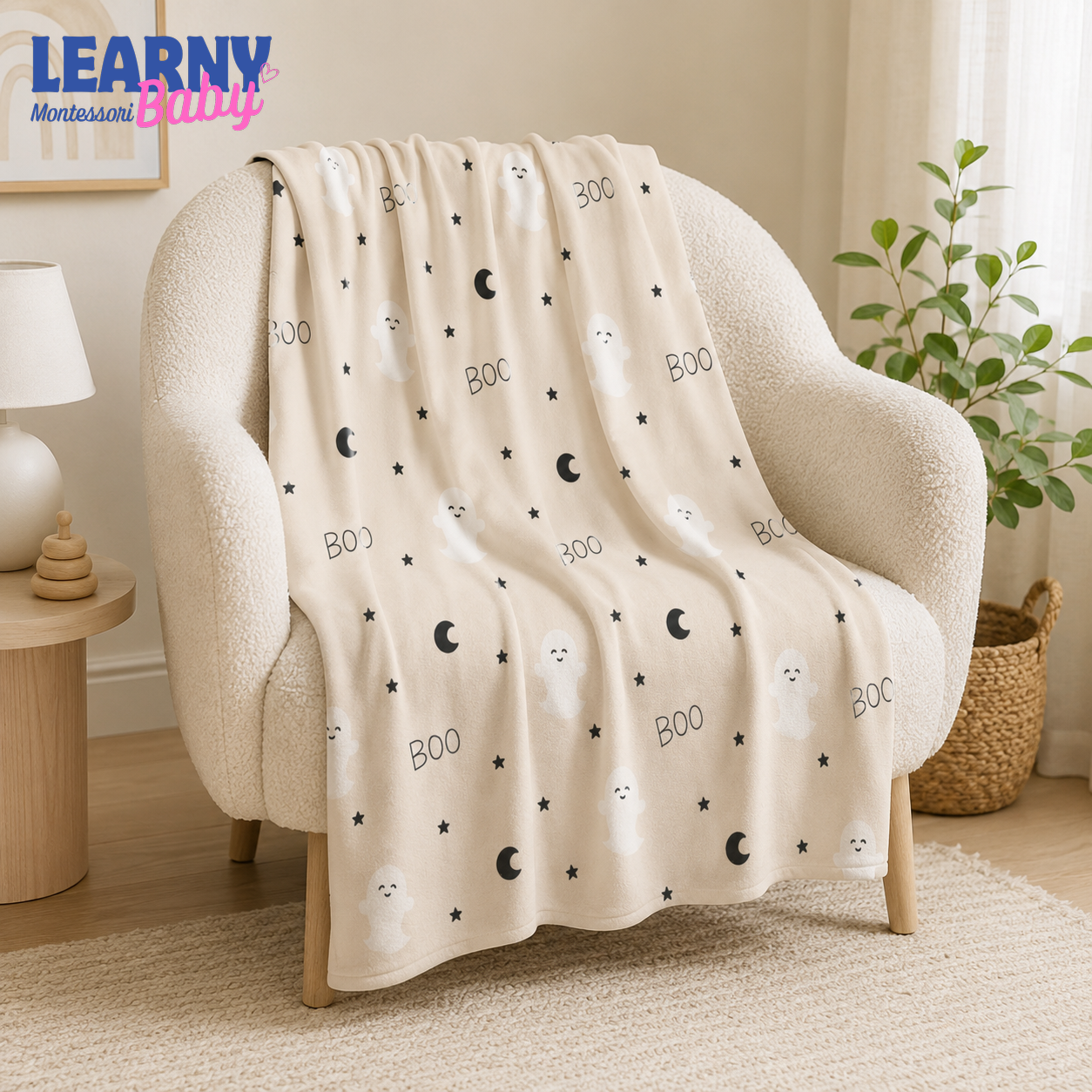 Minimalist Ghost Bamboo Baby Blanket, Neutral Boo Moon and Stars Halloween Nursery Throw, Baby Shower Gift