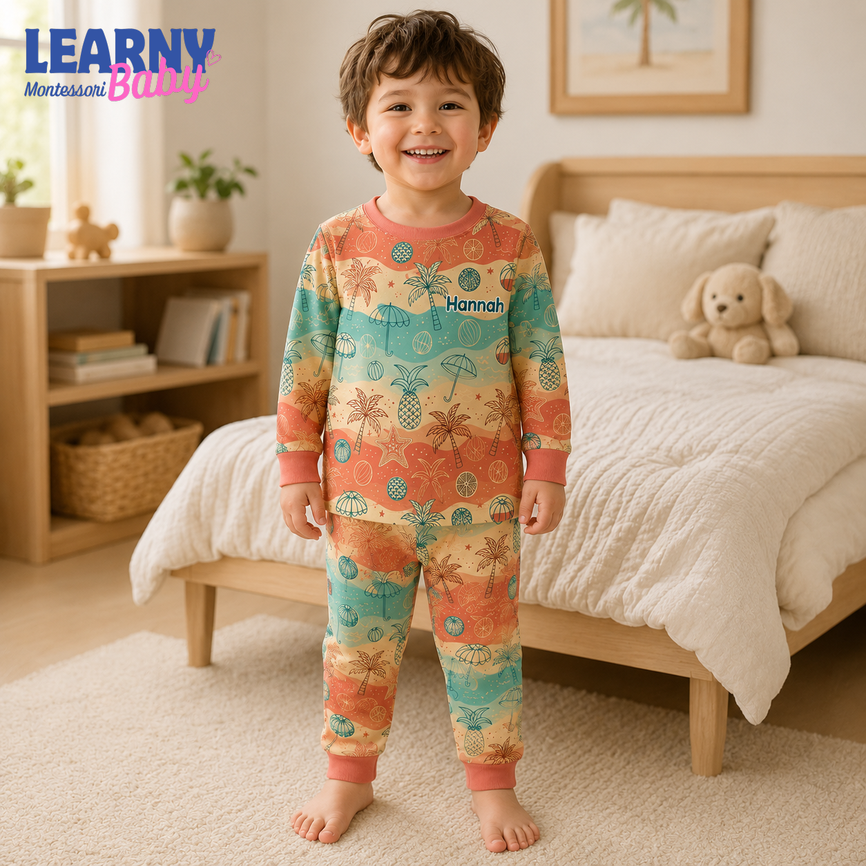 Personalized Tropical Bamboo Pajamas for Kids, Custom Name Palm Tree Pineapple Beach Long Sleeve Sleepwear Set
