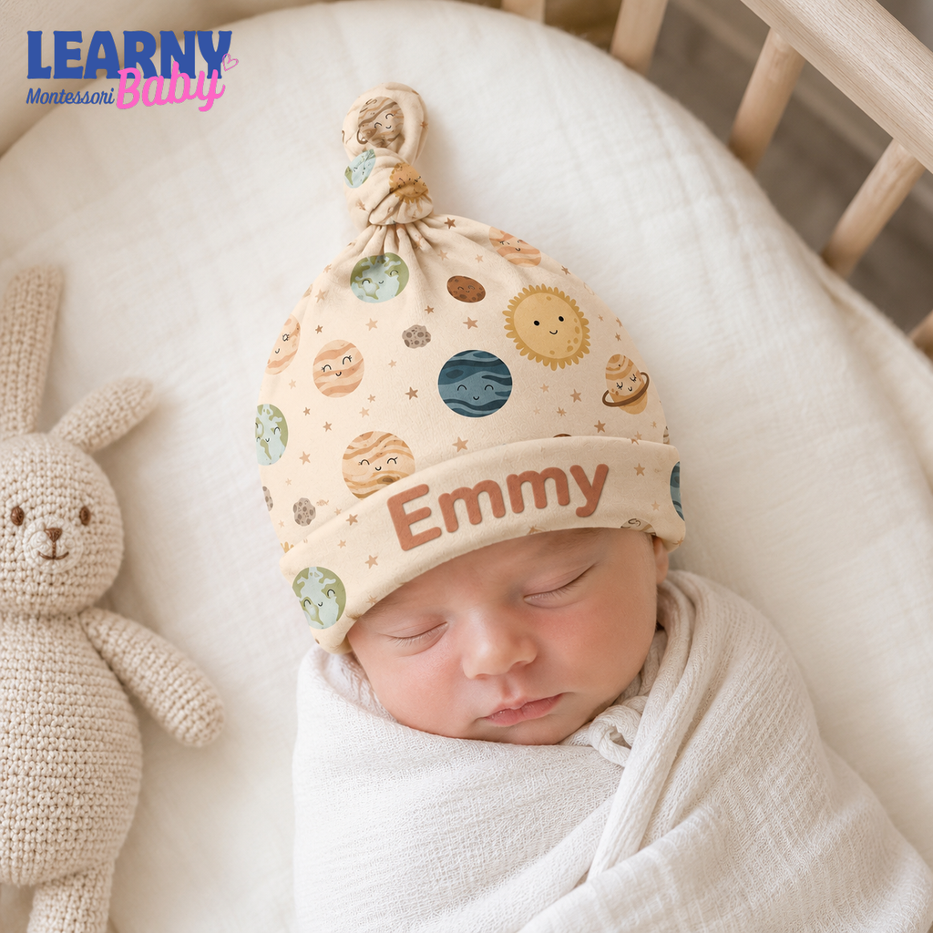 Personalized Space Bamboo Baby Knotted Hat, Custom Name Planet Newborn Beanie, Celestial Baby Boy Girl Hat