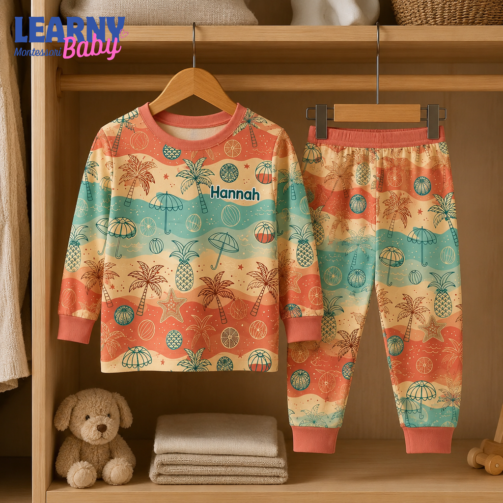 Personalized Tropical Bamboo Pajamas for Kids, Custom Name Palm Tree Pineapple Beach Long Sleeve Sleepwear Set