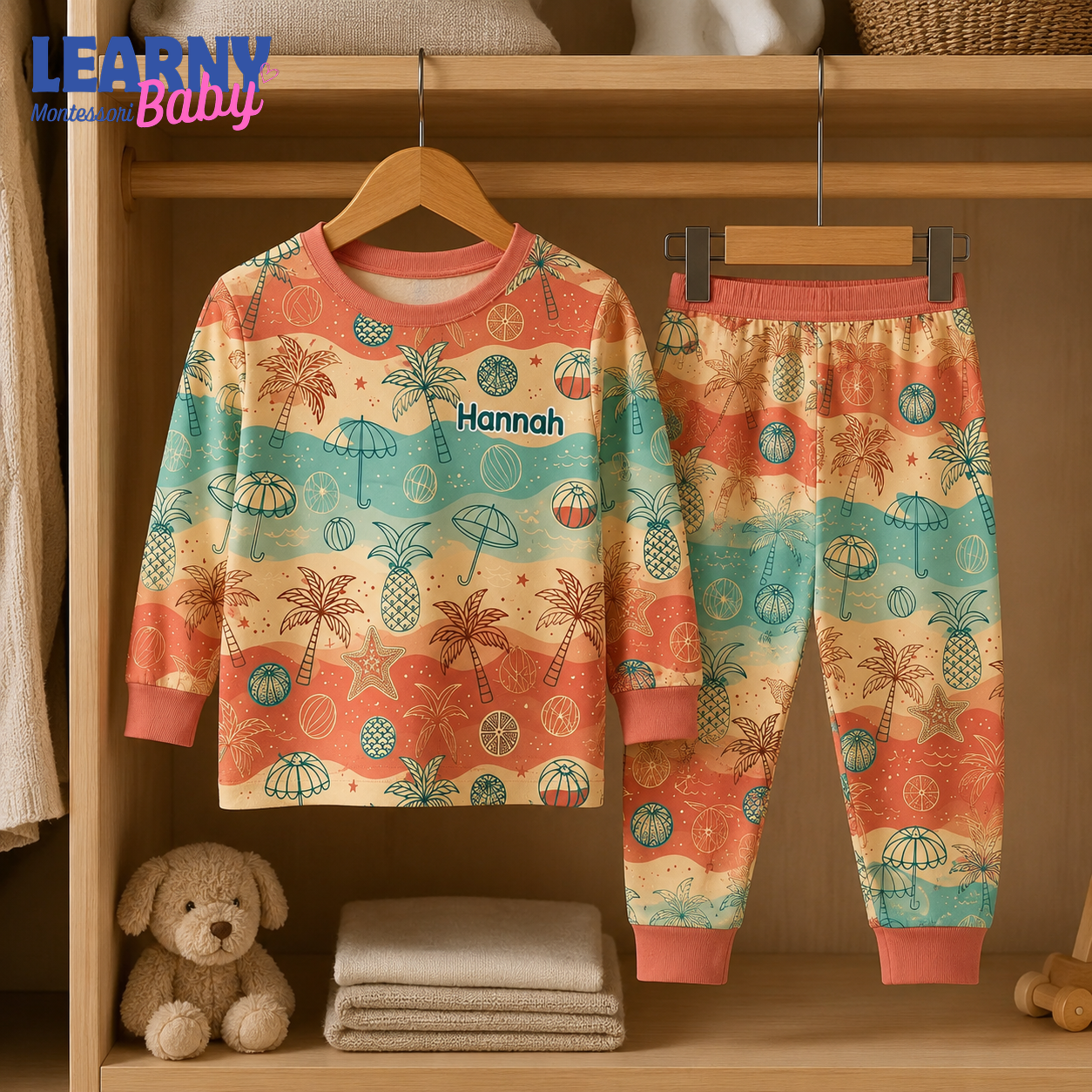 Personalized Tropical Bamboo Pajamas for Kids, Custom Name Palm Tree Pineapple Beach Long Sleeve Sleepwear Set