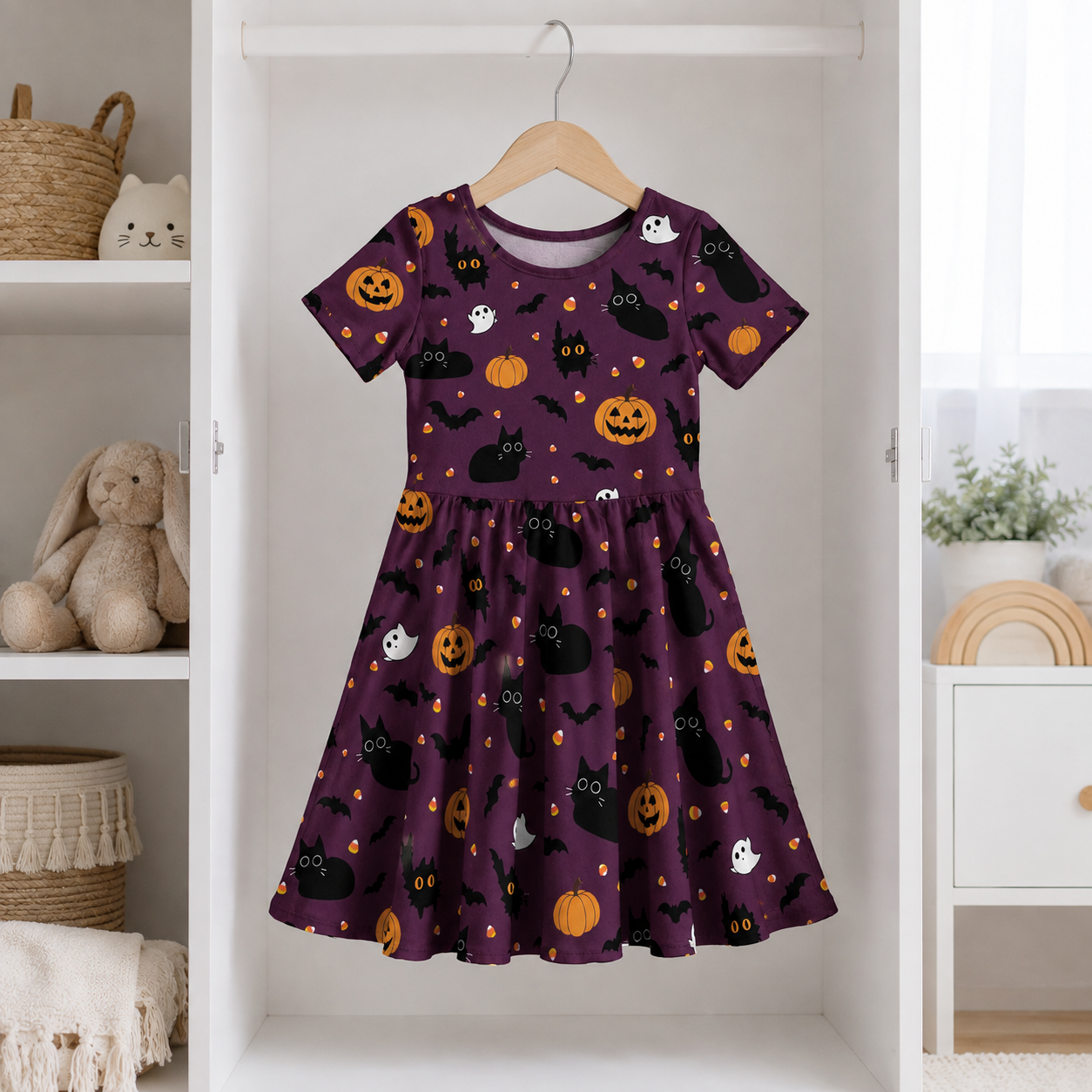 Black Cat & Pumpkin Halloween Bamboo Twirl Dress for Girls – Toddler Spooky Season Outfit