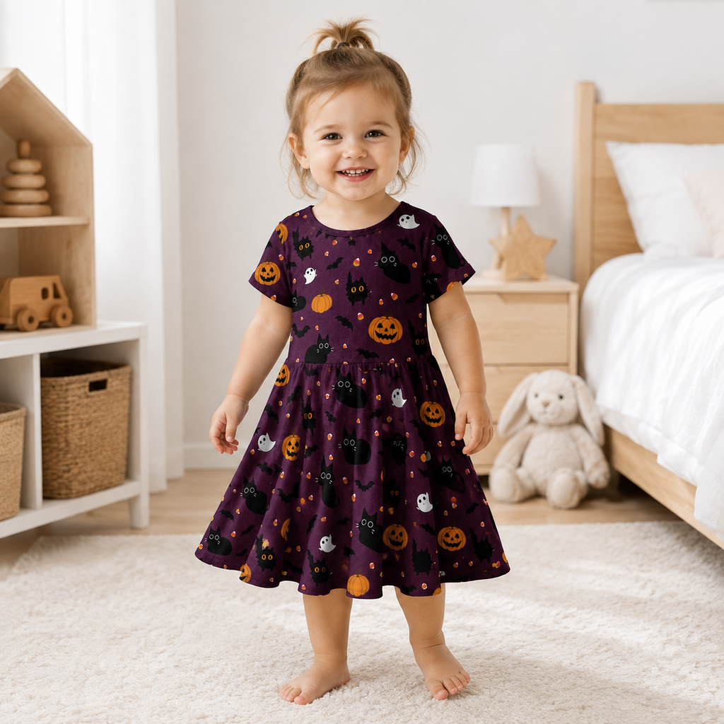 Black Cat & Pumpkin Halloween Bamboo Twirl Dress for Girls – Toddler Spooky Season Outfit