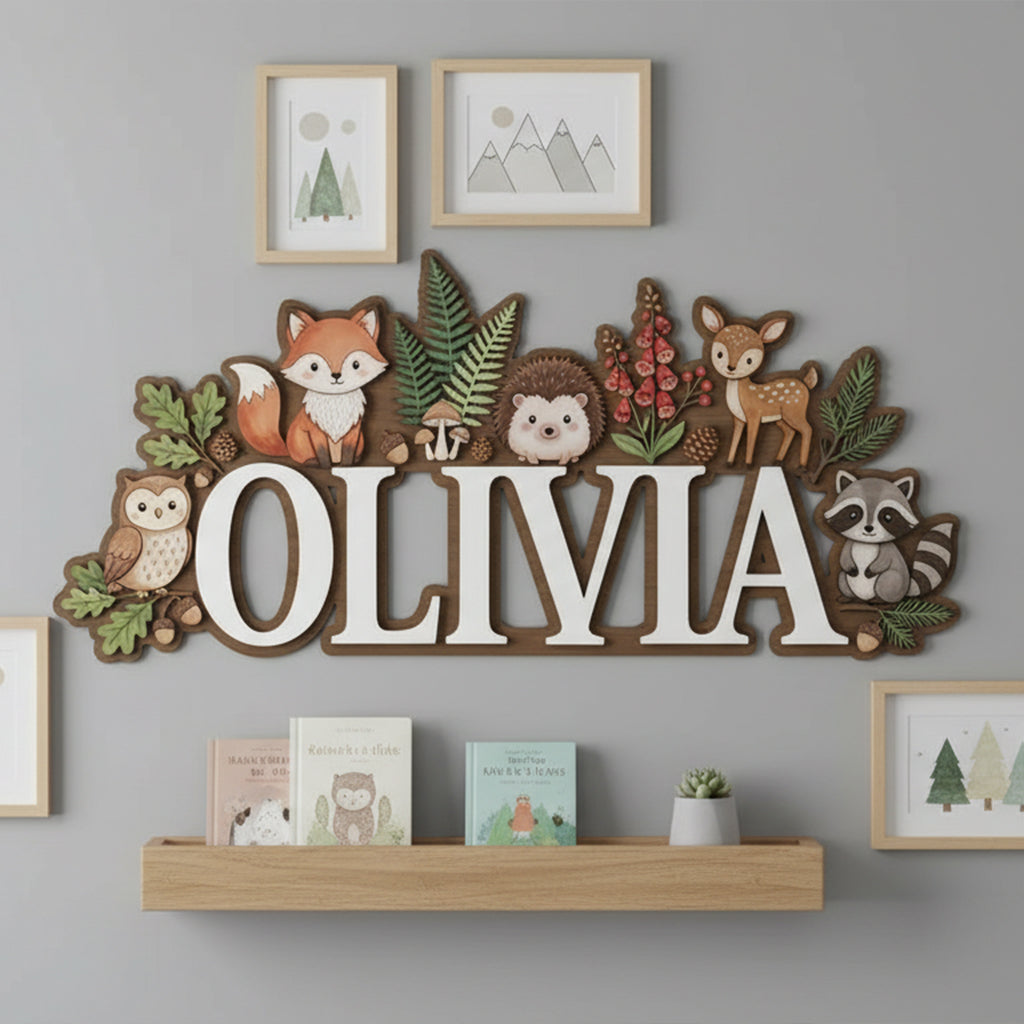 Nursery Name Sign, Woodland Animal Personalized Name Sign, Custom Baby Name Sign for Nursery, Wooden Name Sign for Nursery