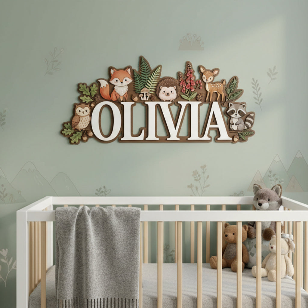 Nursery Name Sign, Woodland Animal Personalized Name Sign, Custom Baby Name Sign for Nursery, Wooden Name Sign for Nursery