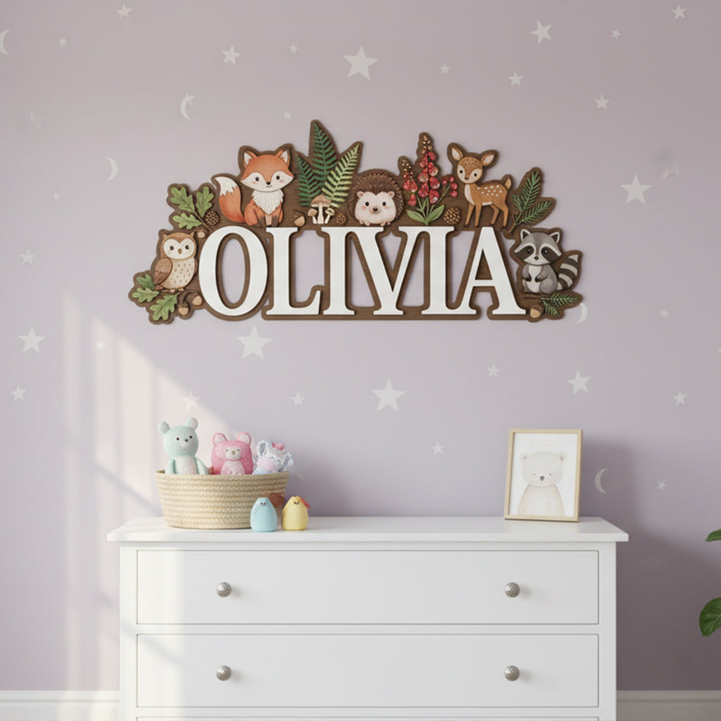 Nursery Name Sign, Woodland Animal Personalized Name Sign, Custom Baby Name Sign for Nursery, Wooden Name Sign for Nursery