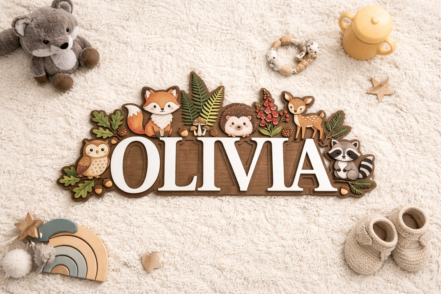Nursery Name Sign, Woodland Animal Personalized Name Sign, Custom Baby Name Sign for Nursery, Wooden Name Sign for Nursery