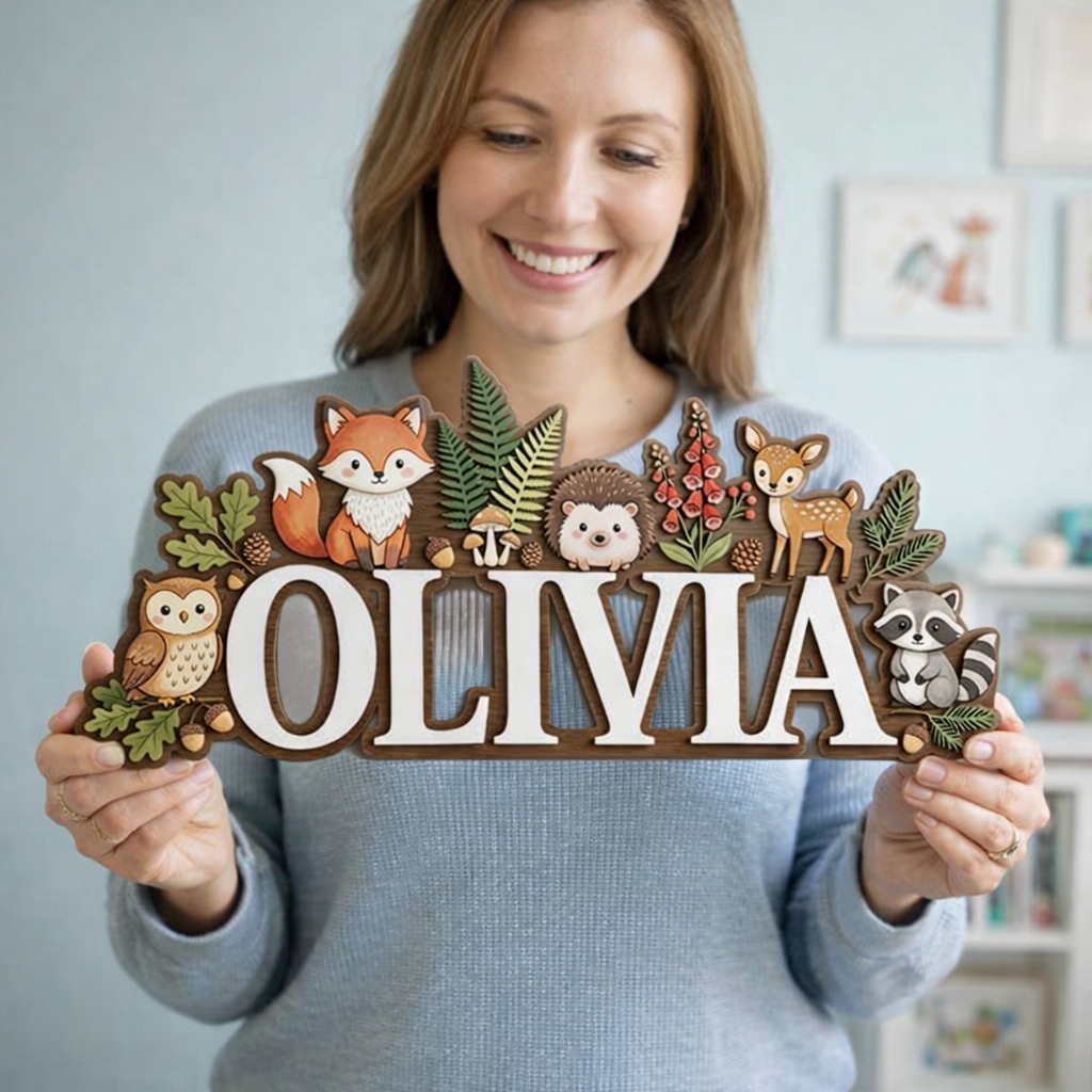 Nursery Name Sign, Woodland Animal Personalized Name Sign, Custom Baby Name Sign for Nursery, Wooden Name Sign for Nursery