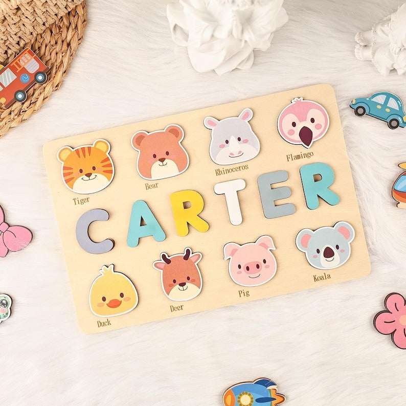 Personalized Animal Name Puzzle, Custom Busy Board, Montessori Wooden Toy, Gift for Baby Girl, First Birthday Gift, New Christmas Gifts BBLB9