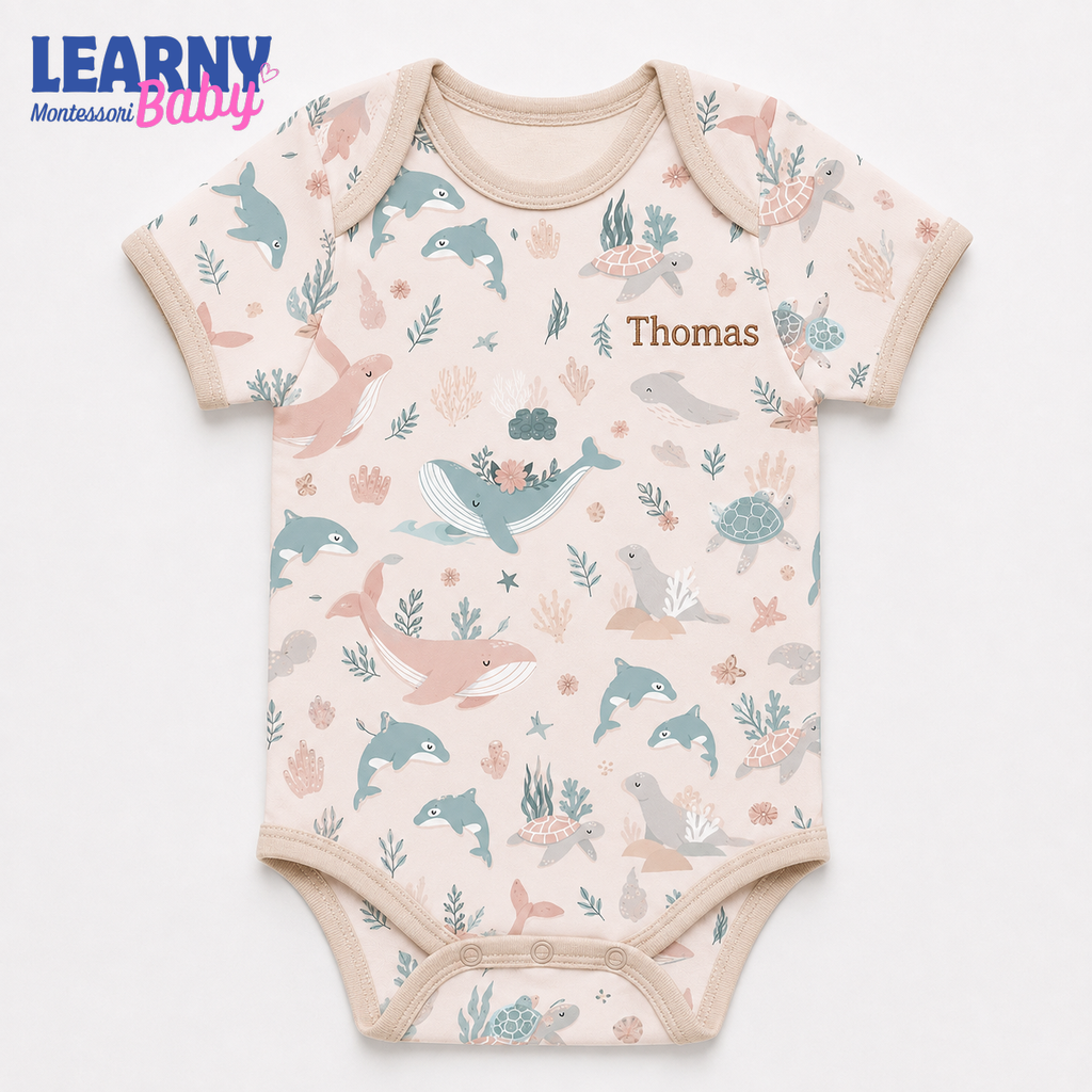 Personalized Ocean Animals Long Sleeve Baby Bodysuit – Custom Name Newborn Outfit
