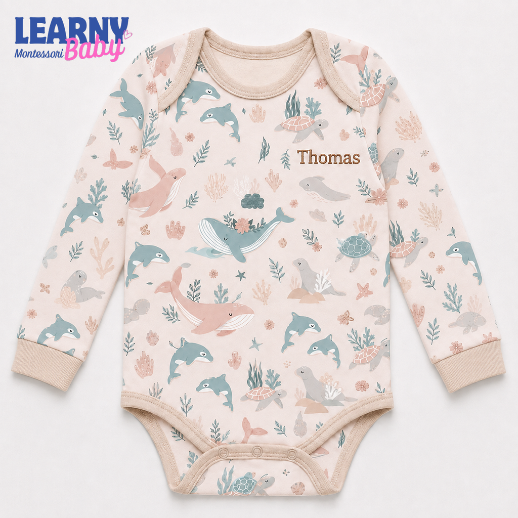 Personalized Ocean Animals Long Sleeve Baby Bodysuit – Custom Name Newborn Outfit