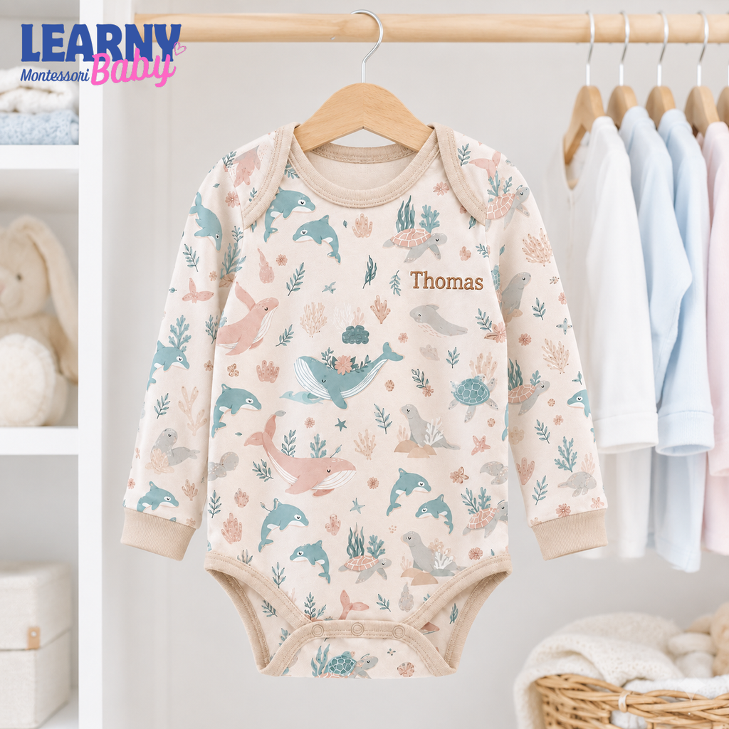 Personalized Ocean Animals Long Sleeve Baby Bodysuit – Custom Name Newborn Outfit