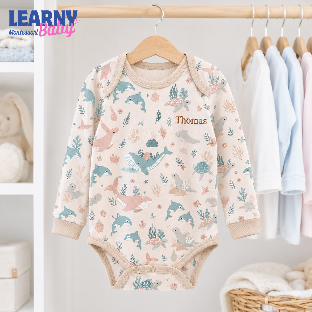 Personalized Ocean Animals Long Sleeve Baby Bodysuit – Custom Name Newborn Outfit