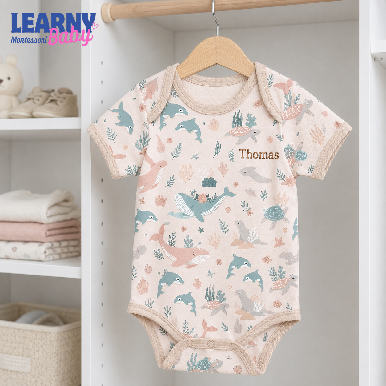 Personalized Ocean Animals Long Sleeve Baby Bodysuit – Custom Name Newborn Outfit
