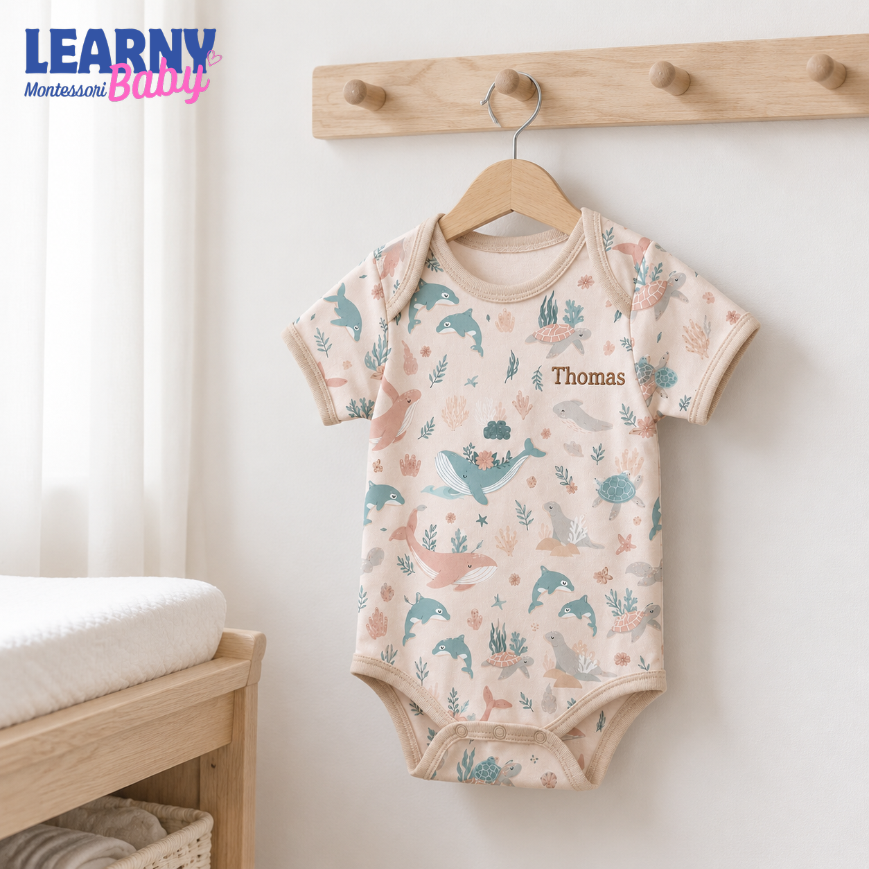 Personalized Ocean Animals Long Sleeve Baby Bodysuit – Custom Name Newborn Outfit