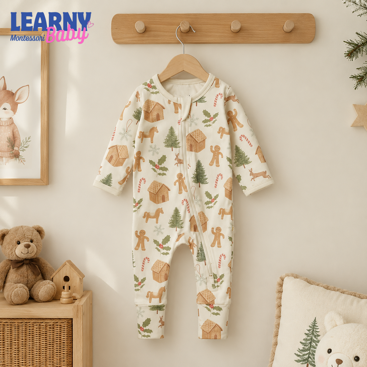 Christmas Gingerbread Baby Convertible Zippy Pajamas, Holiday Baby Sleeper, Christmas Pajamas, Newborn Sleepwear