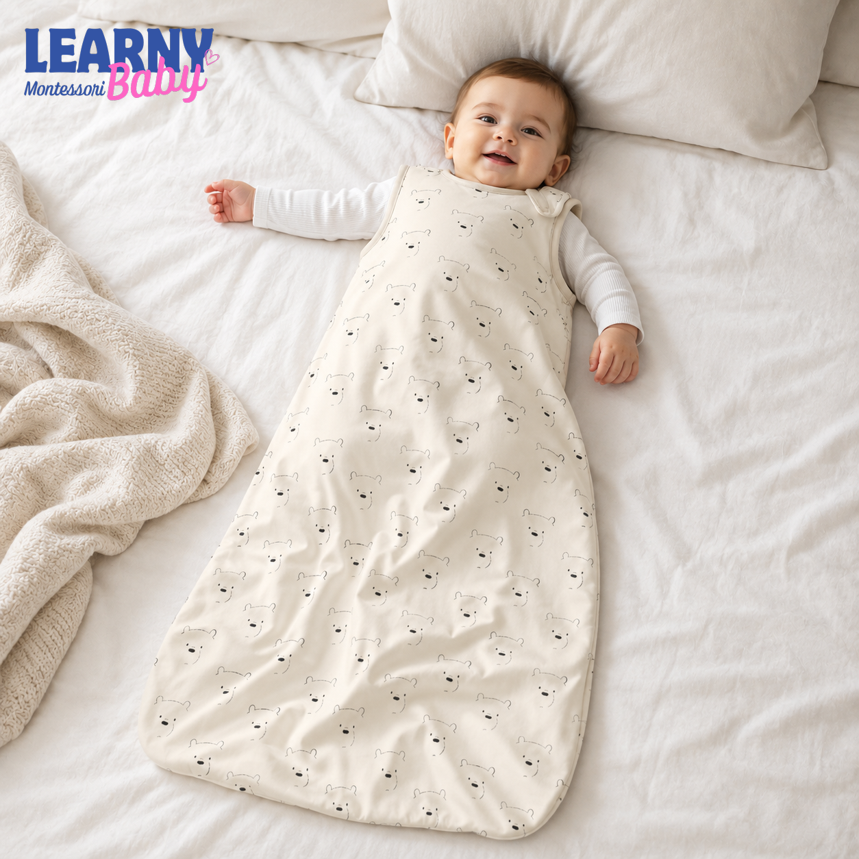 Minimal Polar Bear Bamboo Baby Sleep Sack, Neutral Wearable Blanket for Infant and Toddler, Scandinavian Nursery Gift