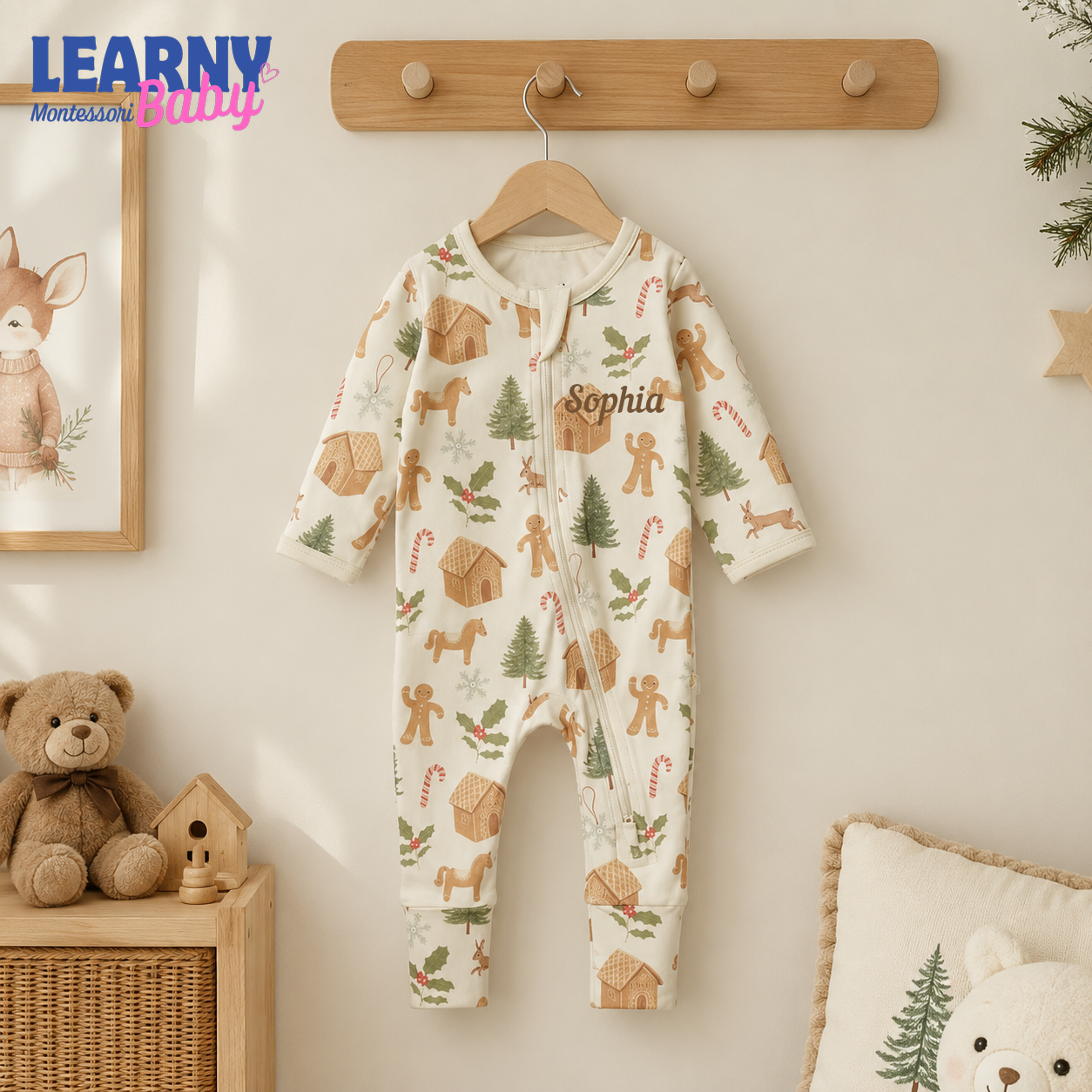 Christmas Gingerbread Baby Convertible Zippy Pajamas, Holiday Baby Sleeper, Christmas Pajamas, Newborn Sleepwear