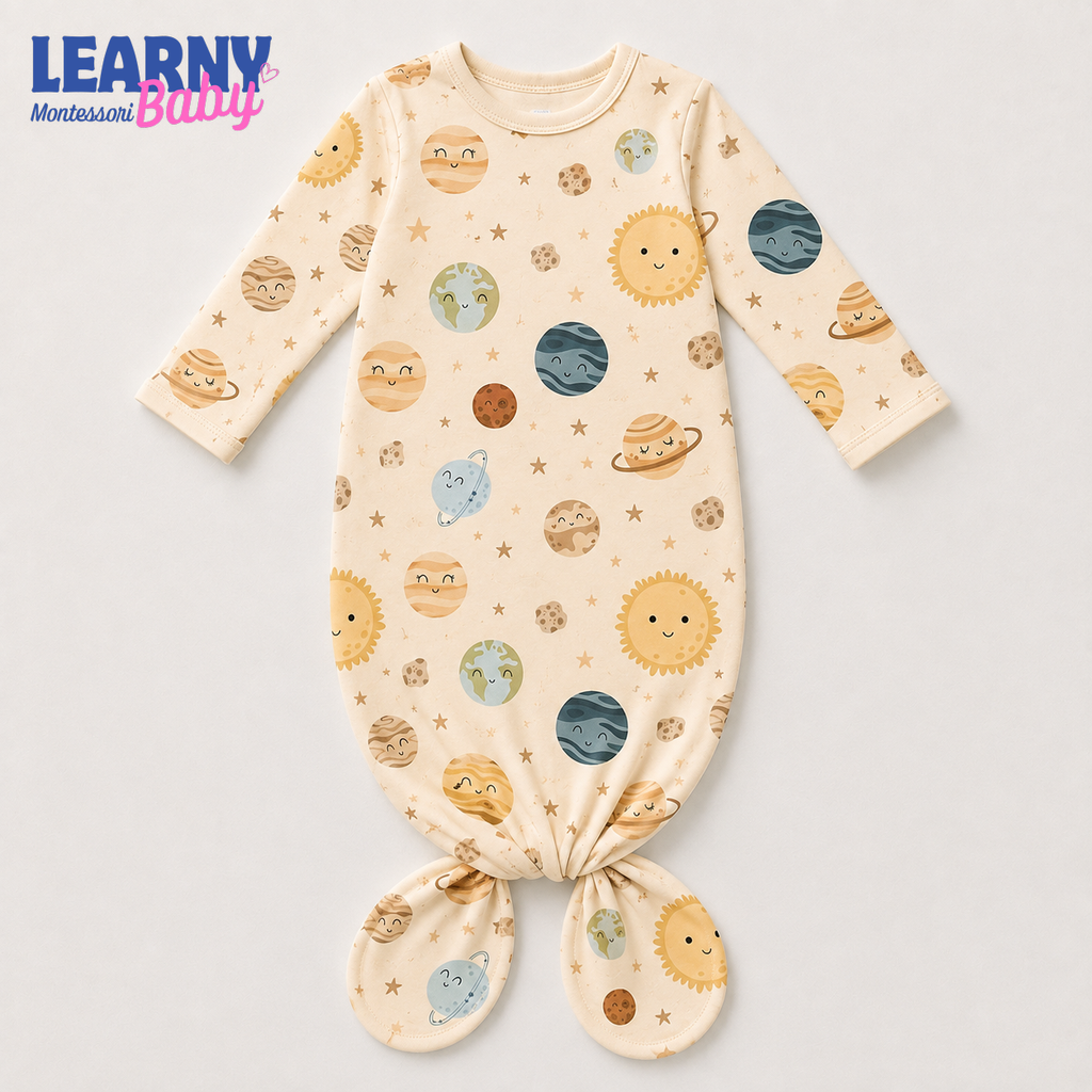 Newborn Baby Knotted Gown, Solar System Planet Bamboo Sleeper, Space Baby Coming Home Outfit