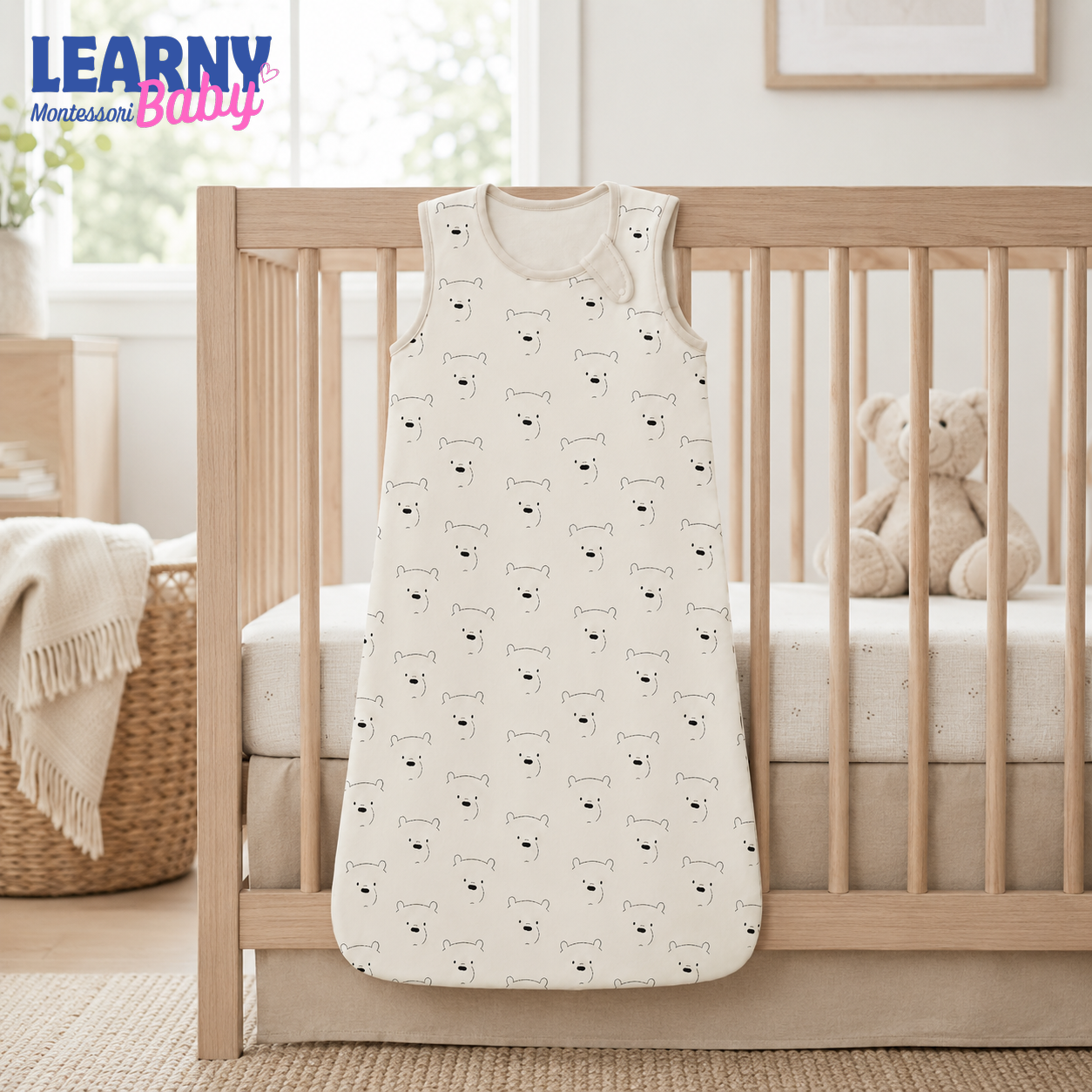 Minimal Polar Bear Bamboo Baby Sleep Sack, Neutral Wearable Blanket for Infant and Toddler, Scandinavian Nursery Gift