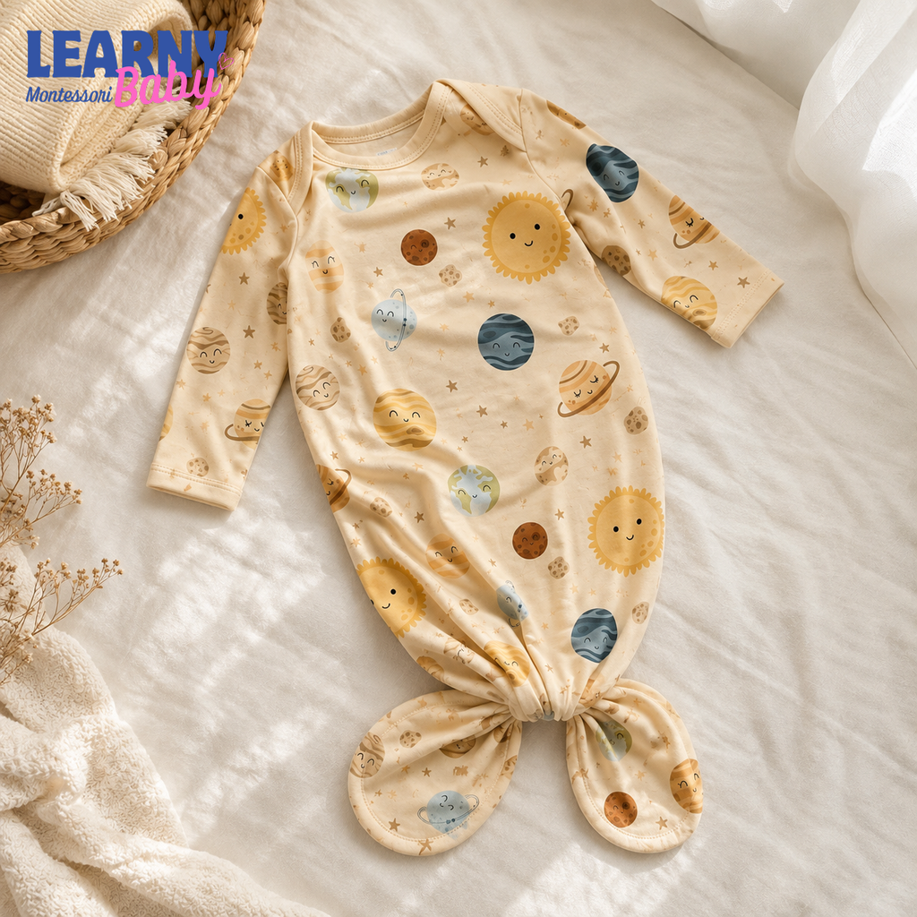 Newborn Baby Knotted Gown, Solar System Planet Bamboo Sleeper, Space Baby Coming Home Outfit