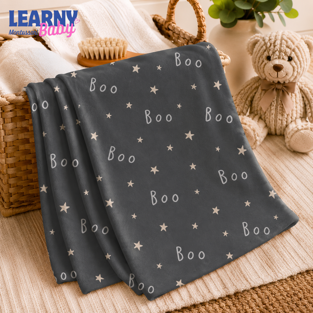 Gray Boo Halloween Bamboo Baby Blanket, Minimalist Stars Nursery Throw, Soft Spooky Blanket for Baby and Kids