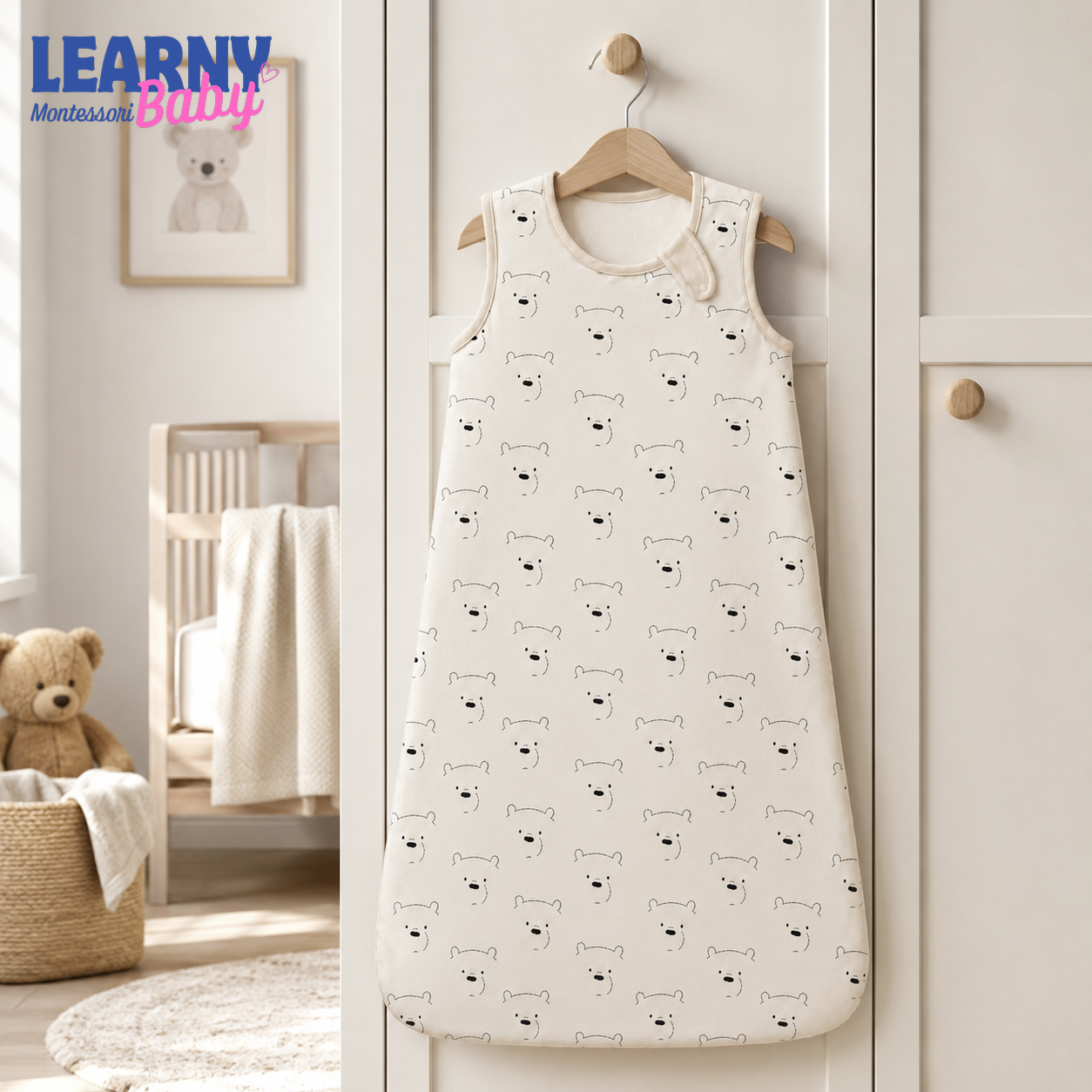 Minimal Polar Bear Bamboo Baby Sleep Sack, Neutral Wearable Blanket for Infant and Toddler, Scandinavian Nursery Gift