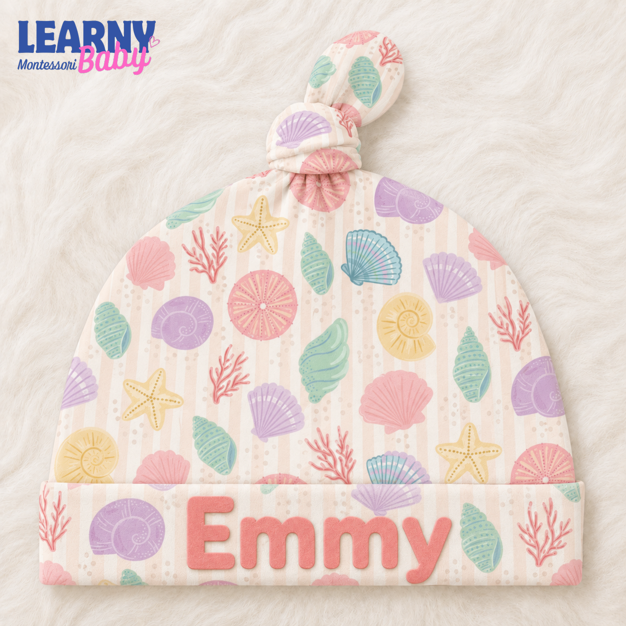 Personalized Seashell Bamboo Baby Knotted Hat, Custom Name Coastal Newborn Beanie, Baby Girl Ocean Coming Home Hat