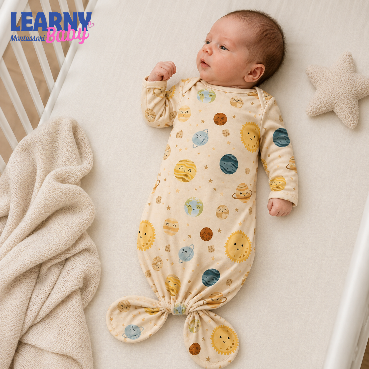Newborn Baby Knotted Gown, Solar System Planet Bamboo Sleeper, Space Baby Coming Home Outfit