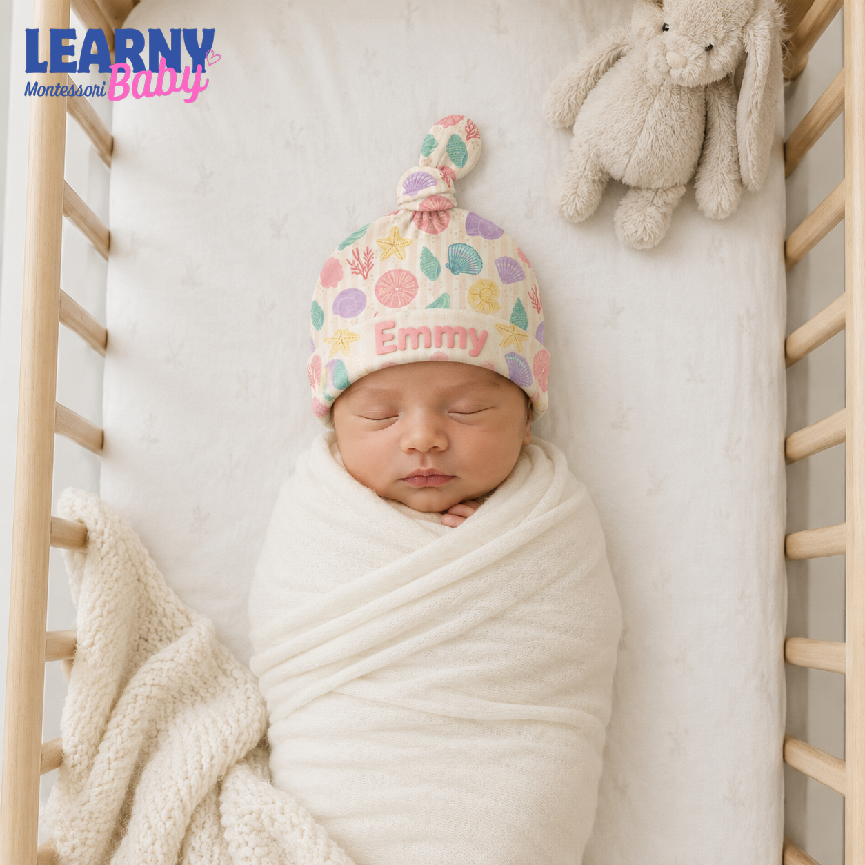 Personalized Seashell Bamboo Baby Knotted Hat, Custom Name Coastal Newborn Beanie, Baby Girl Ocean Coming Home Hat