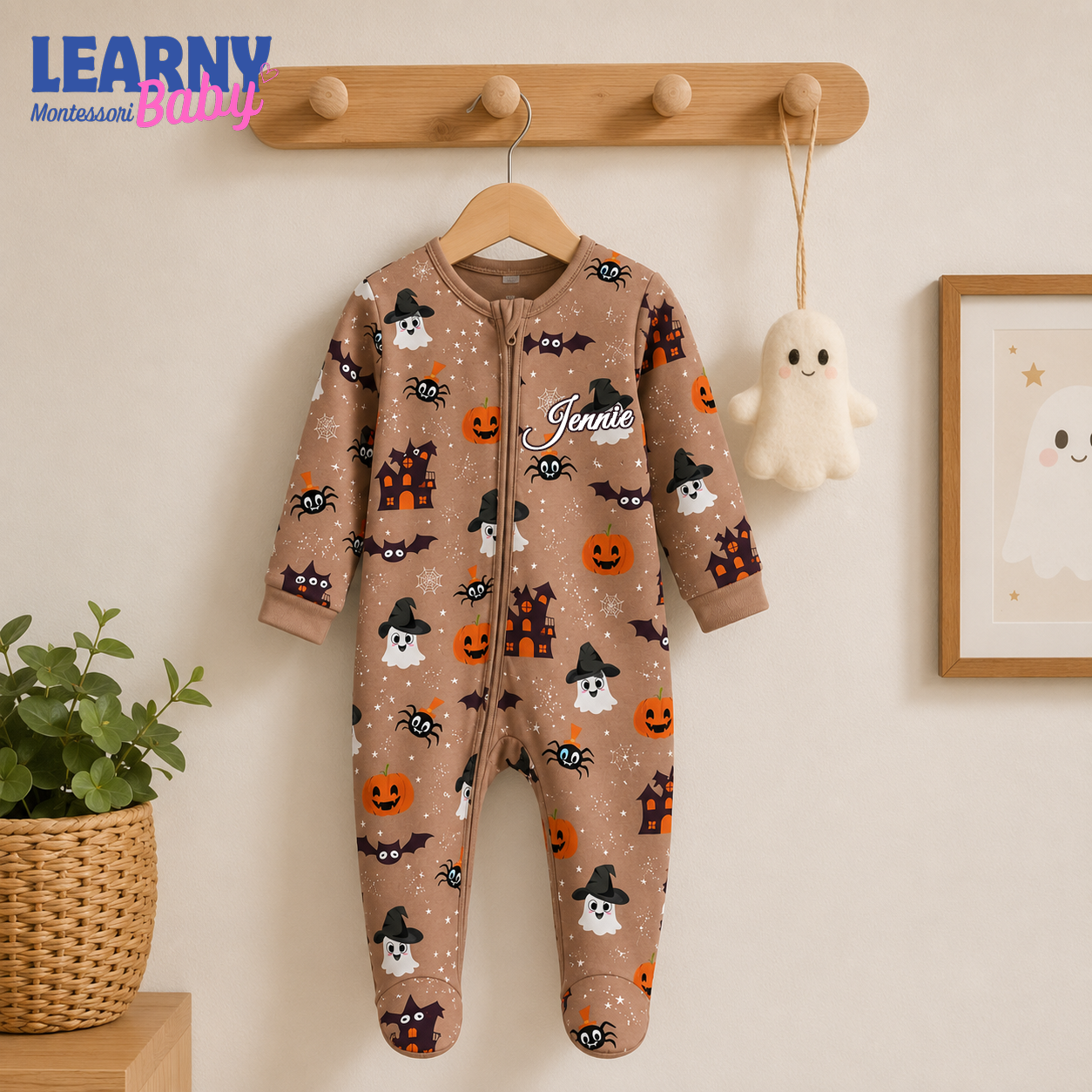 Personalized Halloween Bamboo Baby Footie Zippy, Custom Name Ghost Pumpkin Baby Pajamas, Spooky Newborn Coming Home Outfit