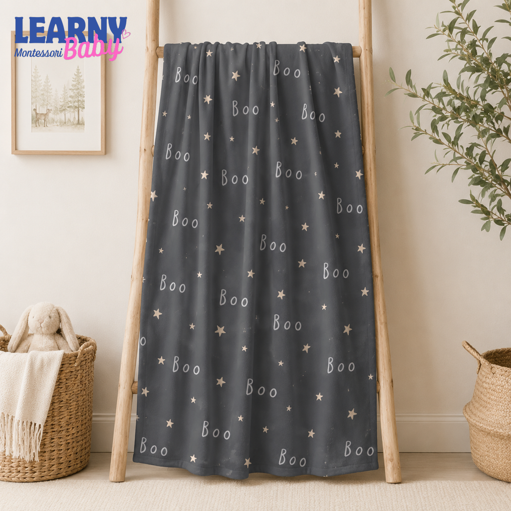 Gray Boo Halloween Bamboo Baby Blanket, Minimalist Stars Nursery Throw, Soft Spooky Blanket for Baby and Kids