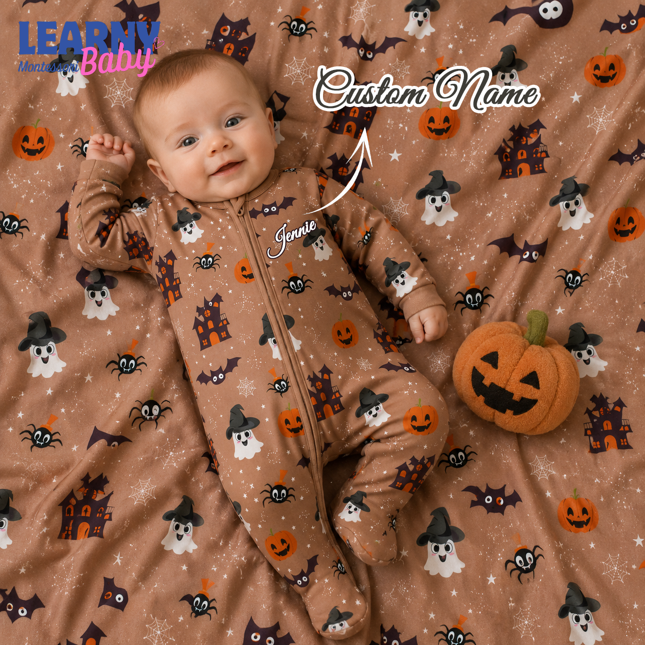 Personalized Halloween Bamboo Baby Footie Zippy, Custom Name Ghost Pumpkin Baby Pajamas, Spooky Newborn Coming Home Outfit