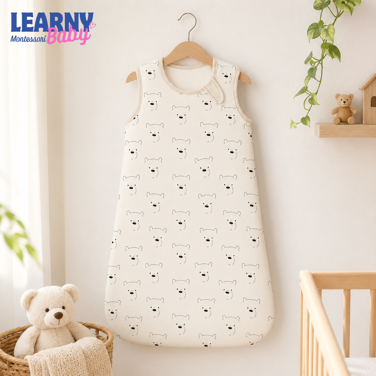 Minimal Polar Bear Bamboo Baby Sleep Sack, Neutral Wearable Blanket for Infant and Toddler, Scandinavian Nursery Gift
