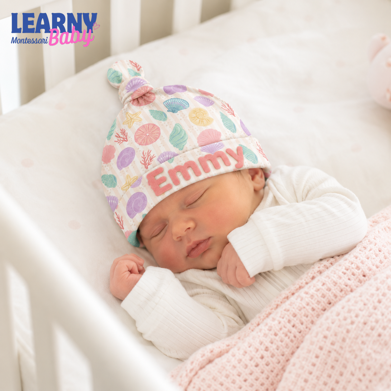 Personalized Seashell Bamboo Baby Knotted Hat, Custom Name Coastal Newborn Beanie, Baby Girl Ocean Coming Home Hat