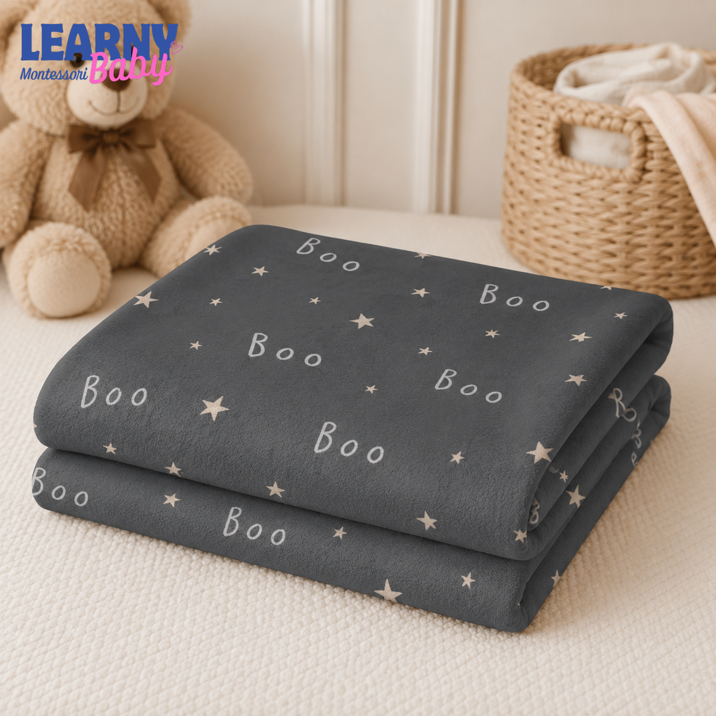 Gray Boo Halloween Bamboo Baby Blanket, Minimalist Stars Nursery Throw, Soft Spooky Blanket for Baby and Kids