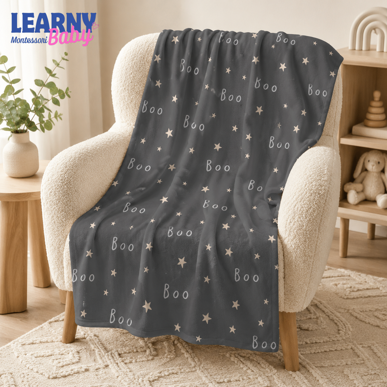 Gray Boo Halloween Bamboo Baby Blanket, Minimalist Stars Nursery Throw, Soft Spooky Blanket for Baby and Kids