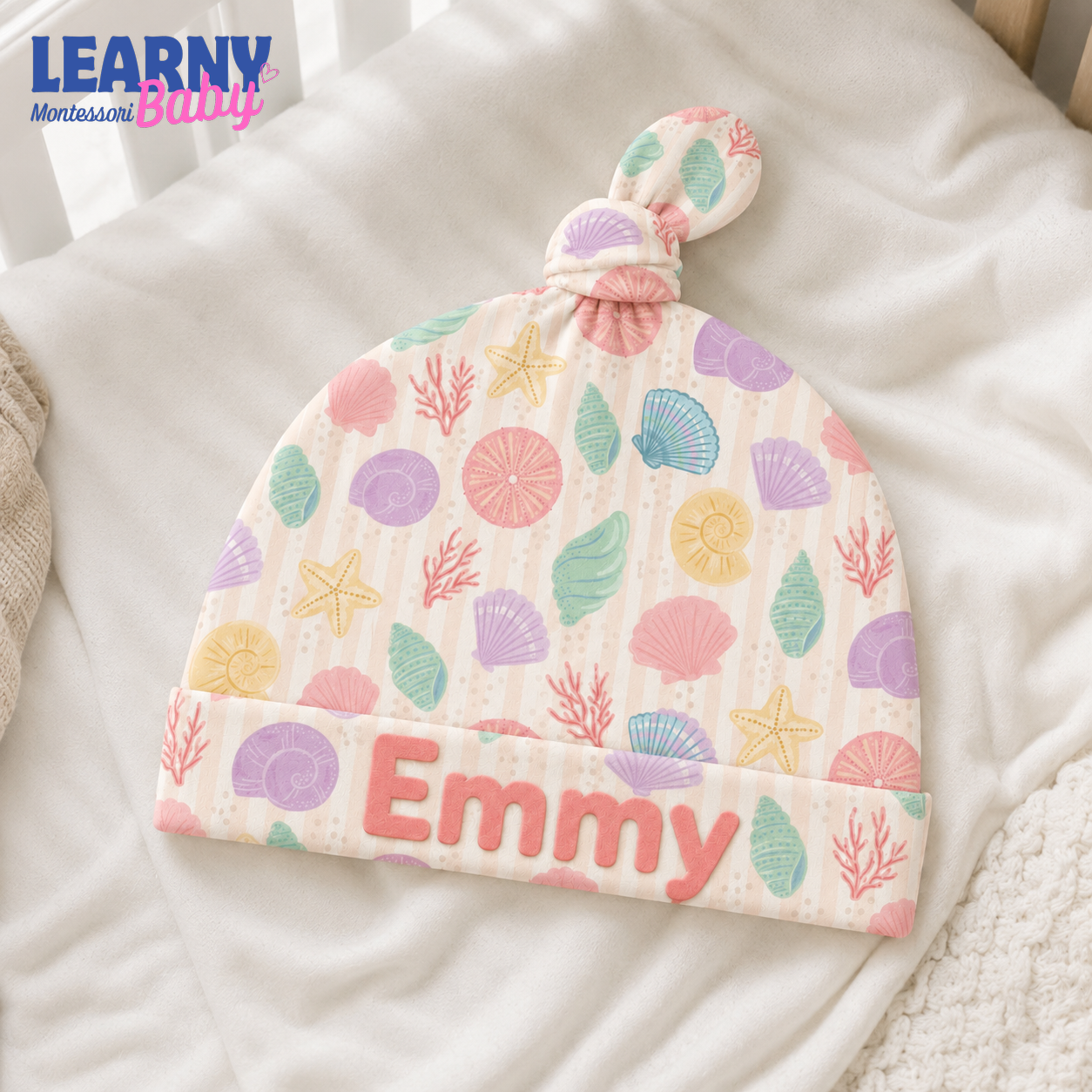 Personalized Seashell Bamboo Baby Knotted Hat, Custom Name Coastal Newborn Beanie, Baby Girl Ocean Coming Home Hat