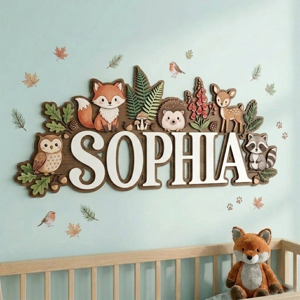 Nursery Name Sign, Woodland Animal Personalized Name Sign, Custom Baby Name Sign for Nursery, Wooden Name Sign for Nursery