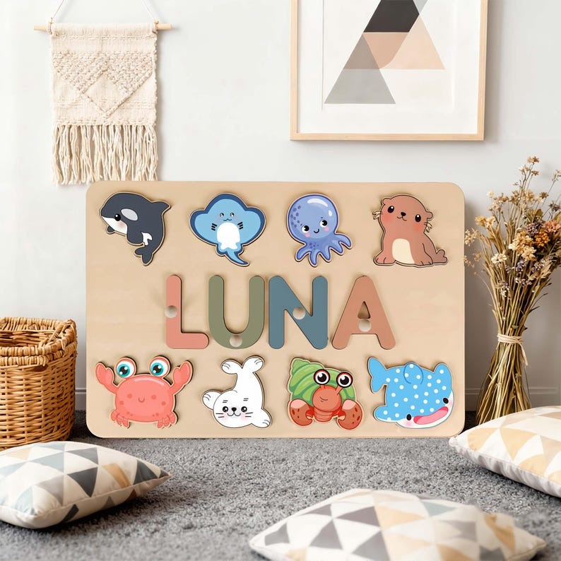 Personalized Name Puzzle Baby,Handmade Wood Name Sign, Montessori Busy Board, Educational Name Recognition & Fine Motor Skills Toy BBLB4