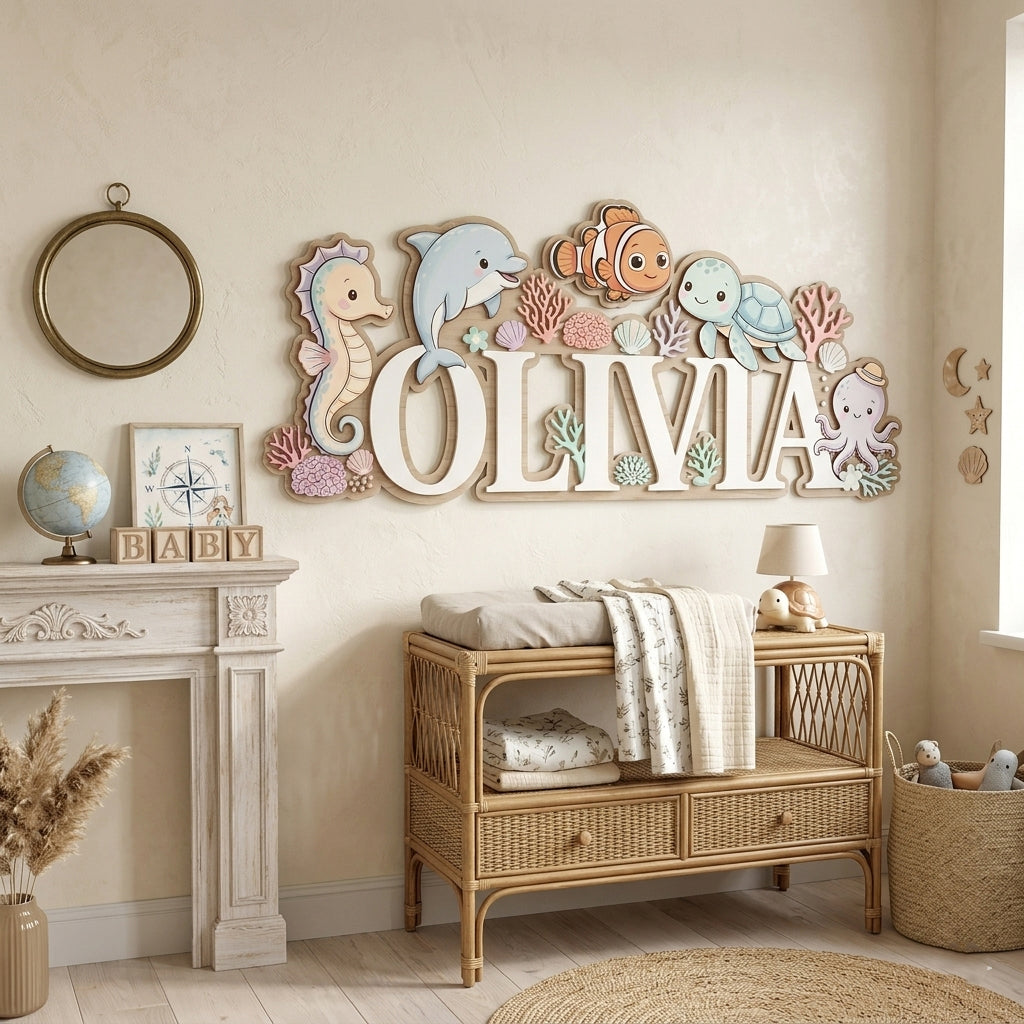 Baby Name Sign for Nursery, Ocean Animal Personalized Name Sign, Custom Nursery Name Sign, Wooden Name Sign for Nursery